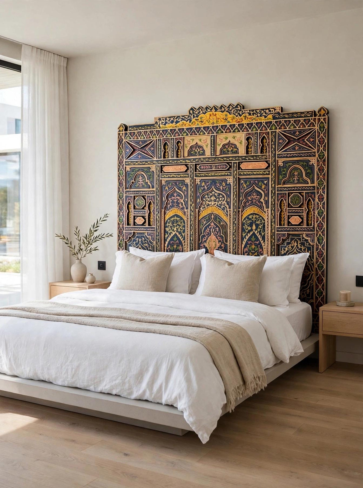 Hand-Painted Moroccan Headboard Bed | Rare Moorish Bed
