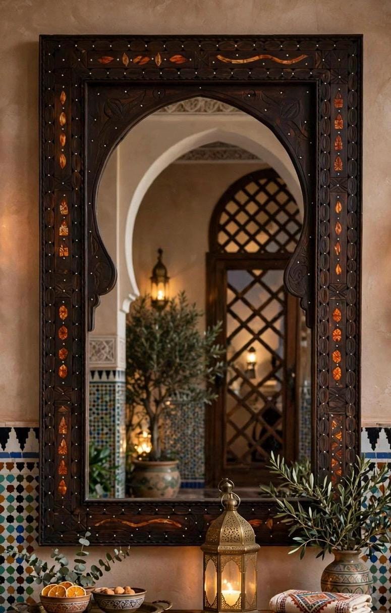 Handmade Moroccan Bone Inlay Mirror: Berber Silver Metal Decor