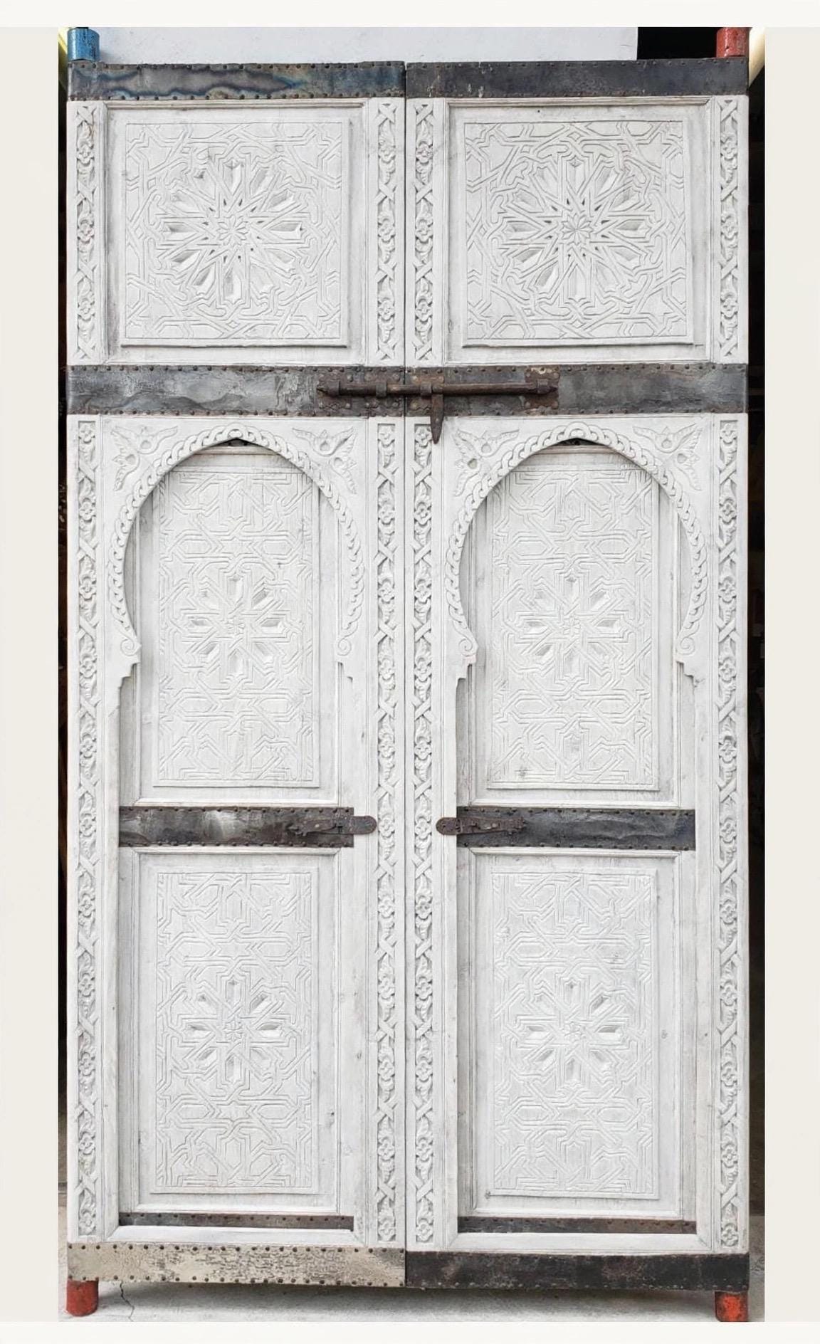 Hand-Carved Antique Moroccan Wooden Double Door | Traditional Geometric Islamic Architecture & Wall Panel Decor (104x49)