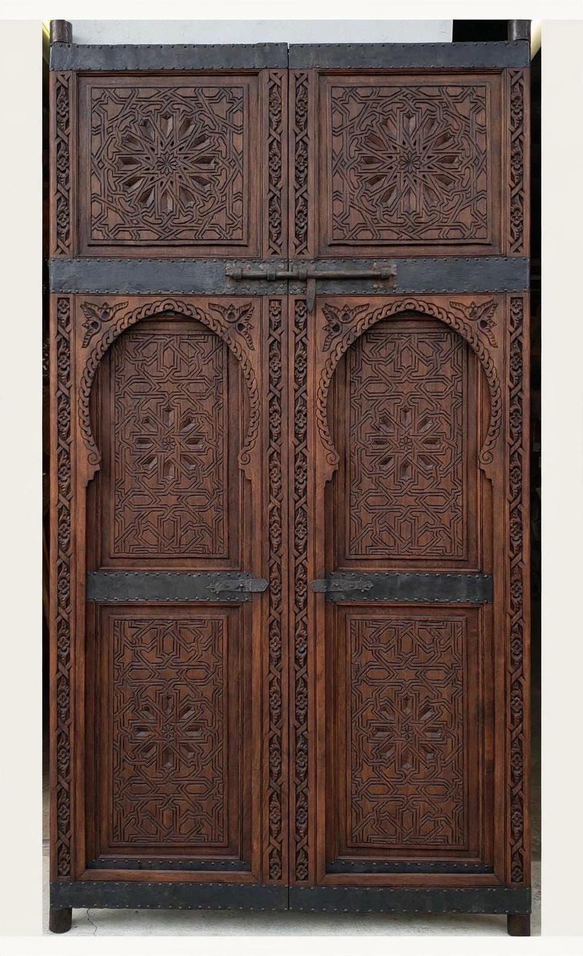 Hand-Carved Antique Moroccan Wooden Double Door | Traditional Geometric Islamic Architecture & Wall Panel Decor (104x49)
