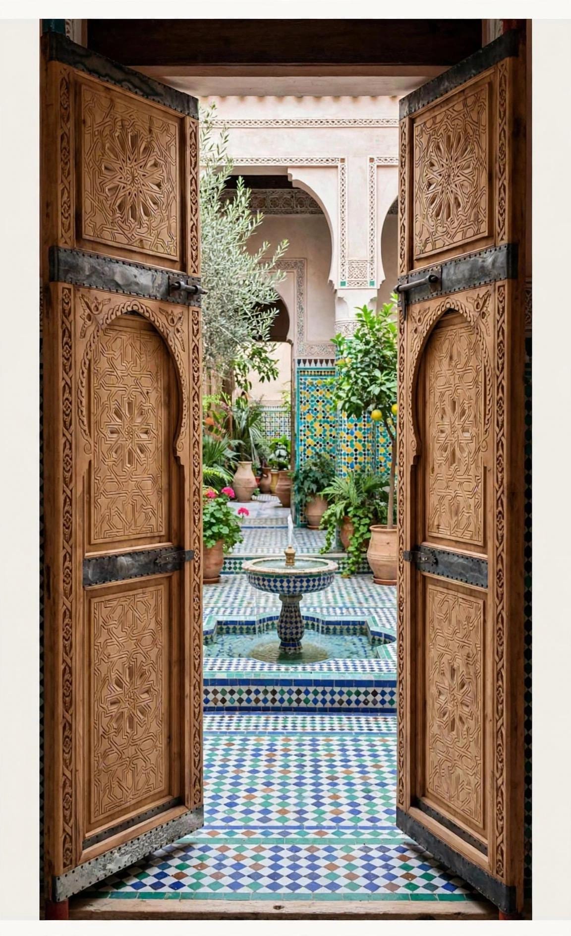 Hand-Carved Antique Moroccan Wooden Double Door | Traditional Geometric Islamic Architecture & Wall Panel Decor (104x49)