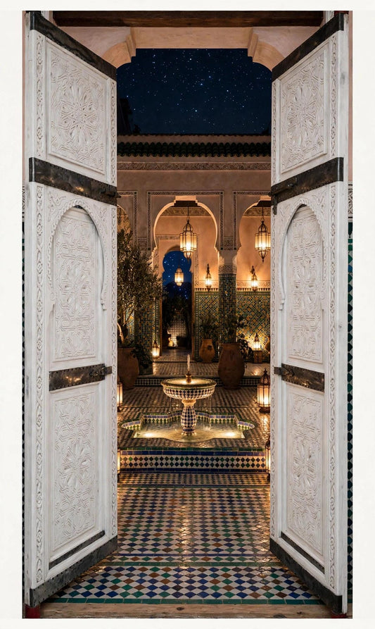 Hand-Carved Antique Moroccan Wooden Double Door | Traditional Geometric Islamic Architecture & Wall Panel Decor (104x49)