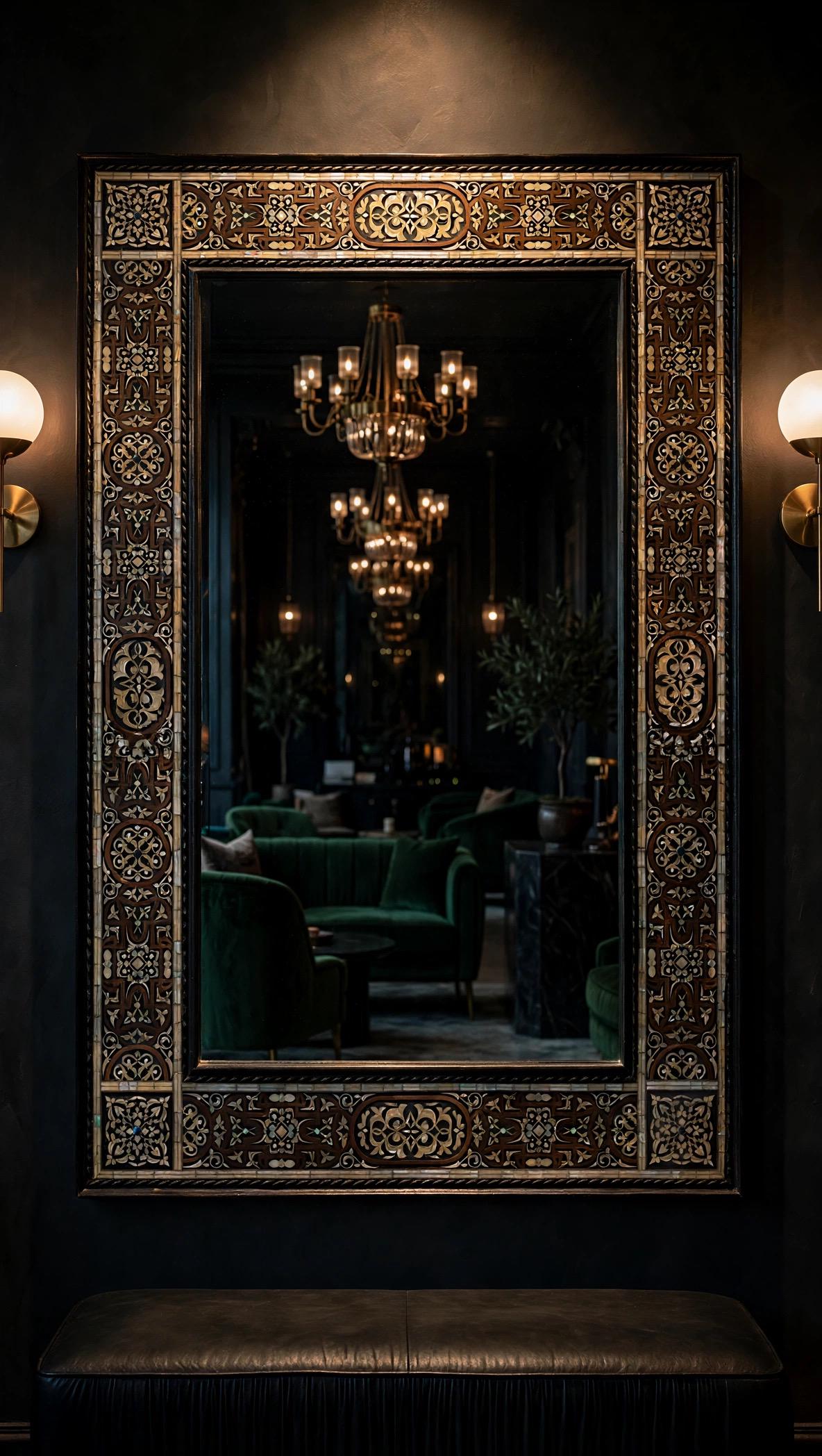 Large Hand-Carved Bone Inlay Mirror: Moroccan Floral Wall Art (68"x44")