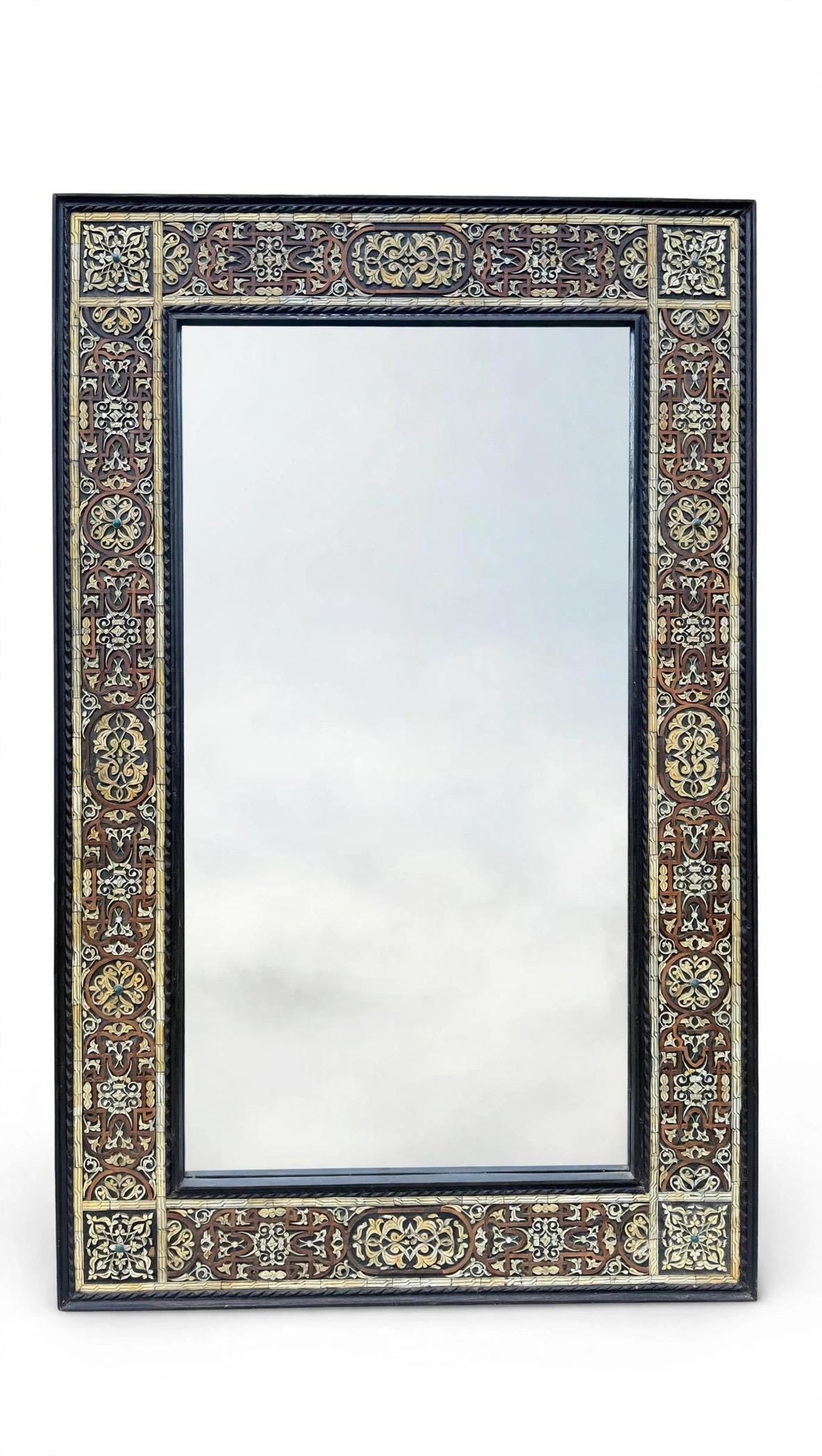 Large Hand-Carved Bone Inlay Mirror: Moroccan Floral Wall Art (68"x44")