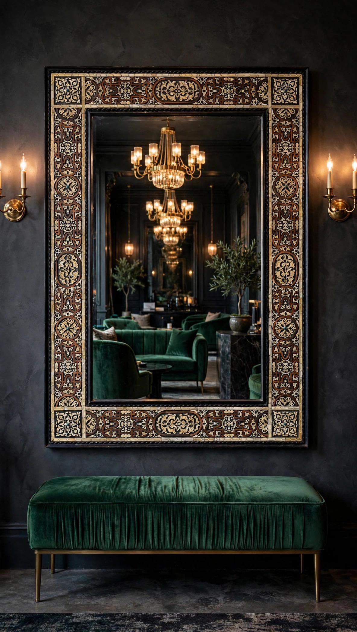 Large Hand-Carved Bone Inlay Mirror: Moroccan Floral Wall Art (68"x44")