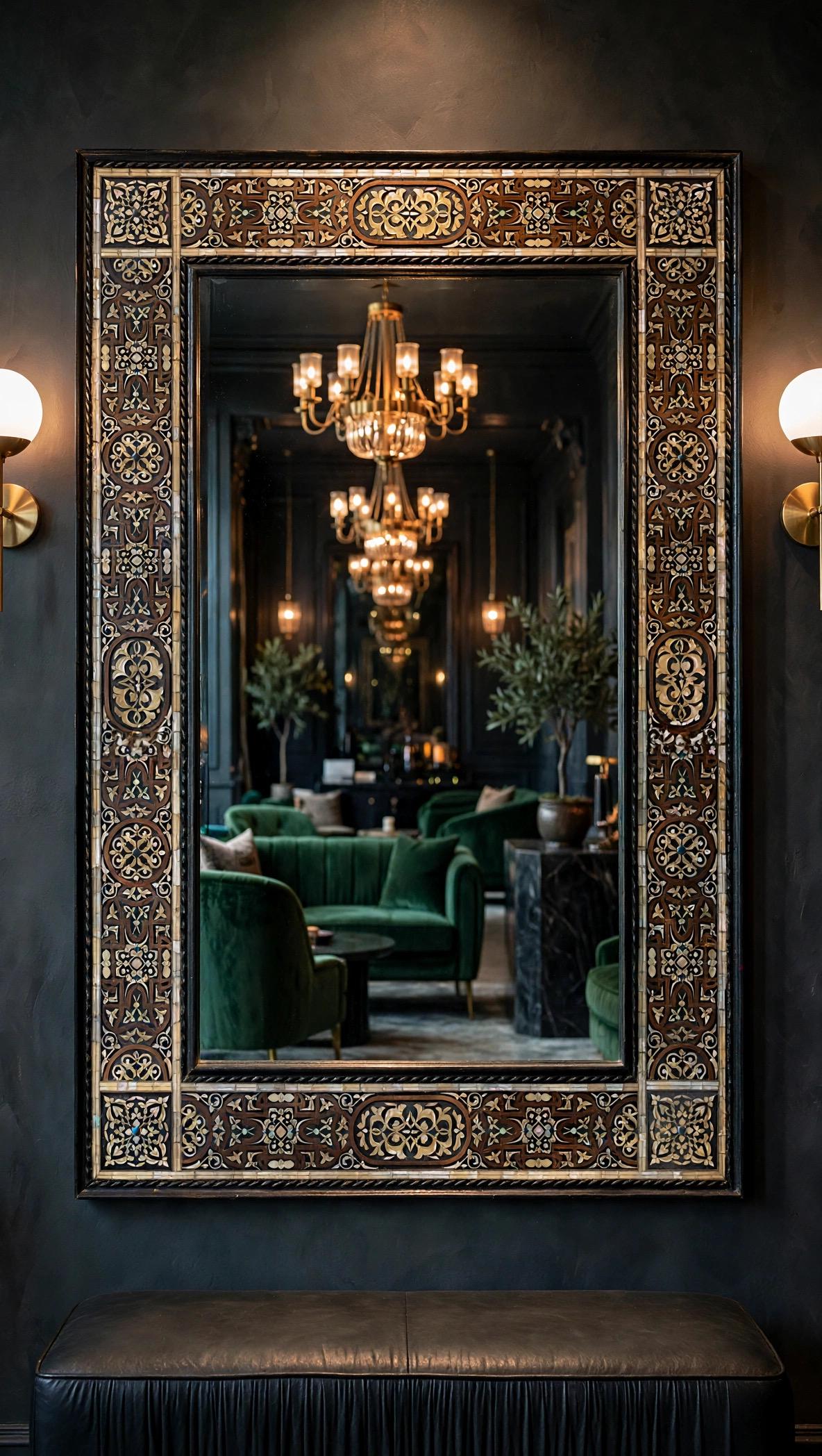 Large Hand-Carved Bone Inlay Mirror: Moroccan Floral Wall Art (68"x44")