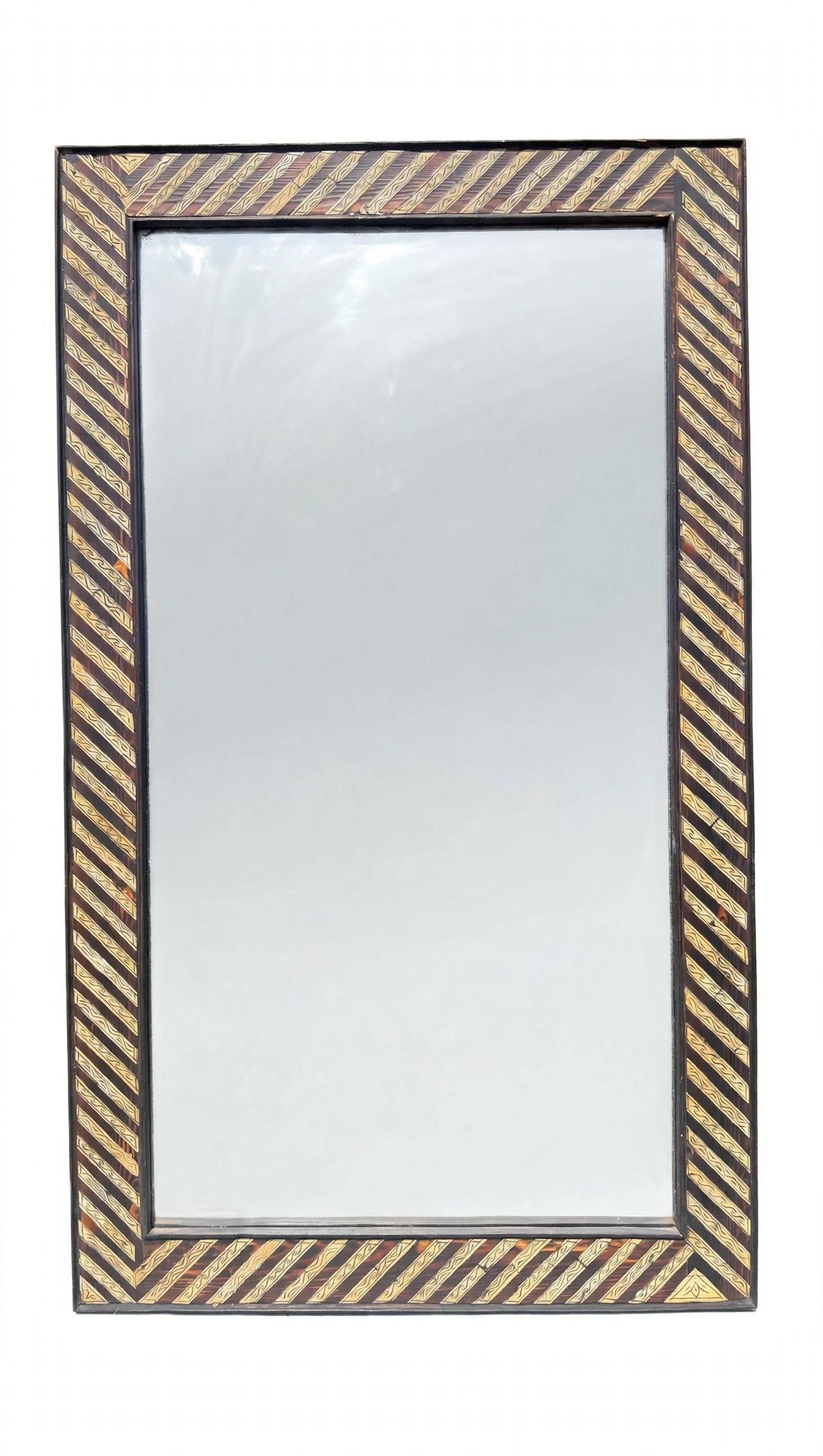 Handcrafted Moroccan Bone Inlay Mirror – Geometric Striped Wooden Wall Decor