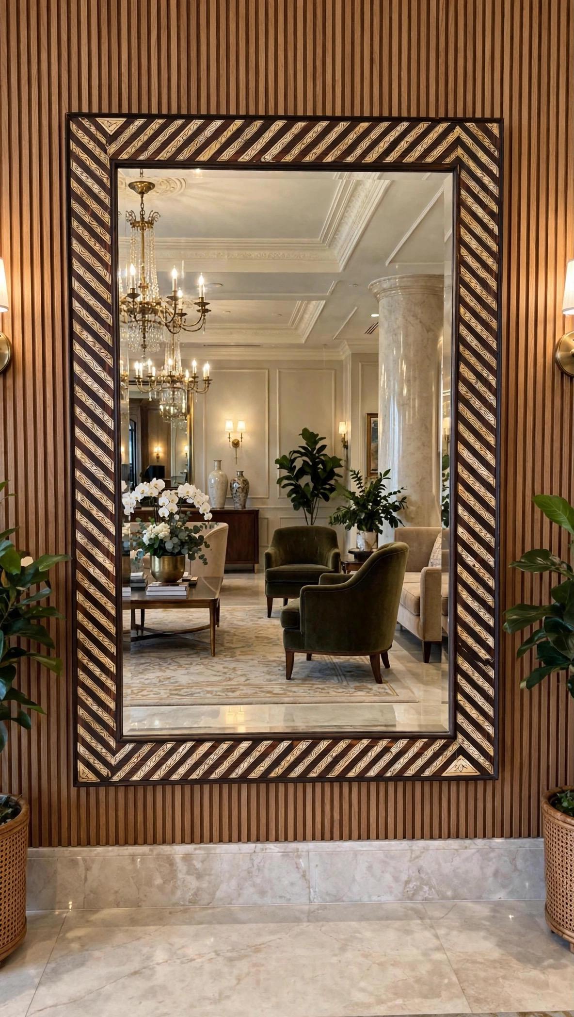 Handcrafted Moroccan Bone Inlay Mirror – Geometric Striped Wooden Wall Decor